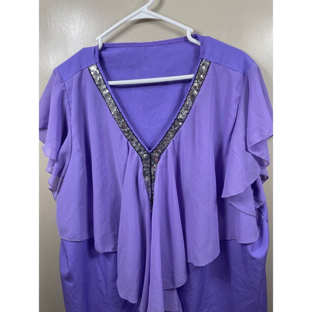 Womens Purple V-Neck Ruffle Blouse with Sequin Trim size 4 XL - Picture 2 of 11